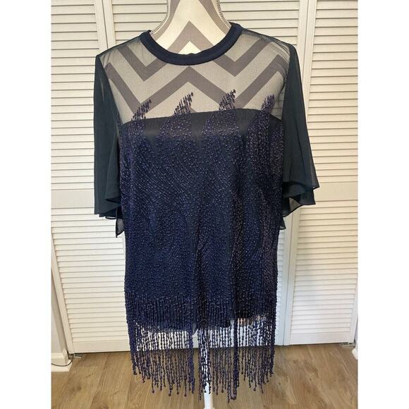 Elie Tahari Noreen Top LG Sheer Fringe Navy Flutter Sleeve Elegant Classy - Picture 1 of 9
